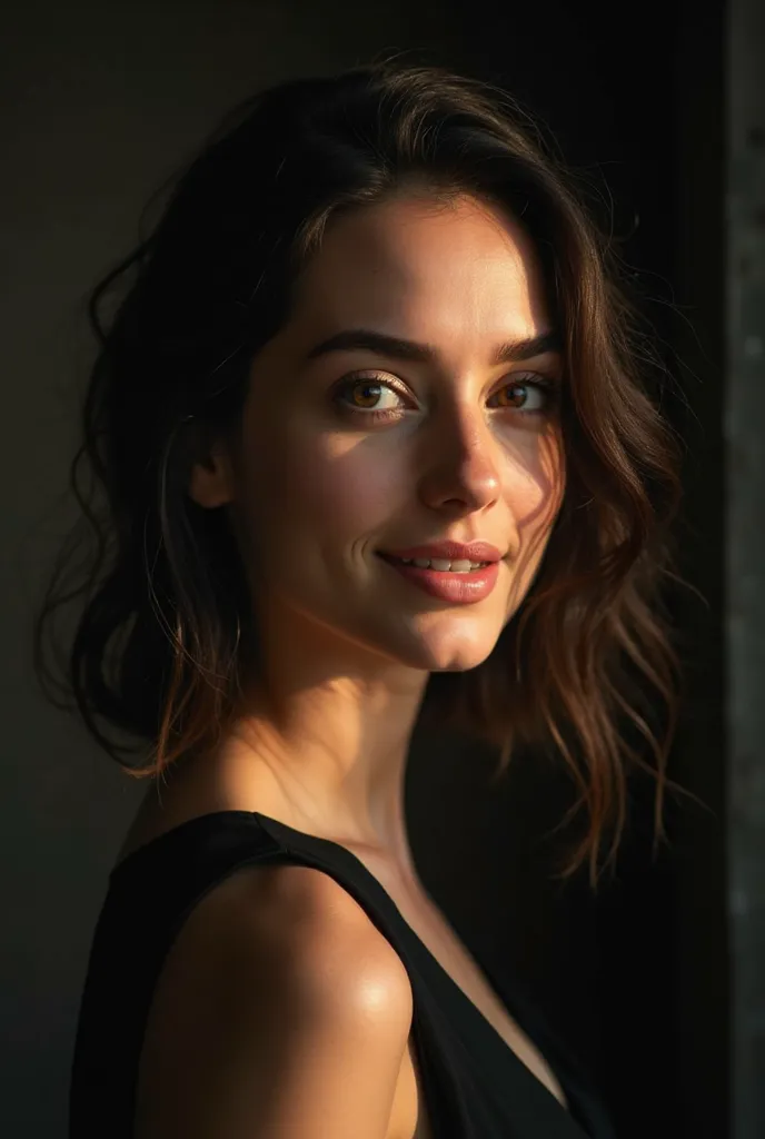 RAW photo, face portrait photo of beautiful 26 y.o woman, cute face, wearing black dress, happy face, hard shadows, cinematic shot, dramatic lighting