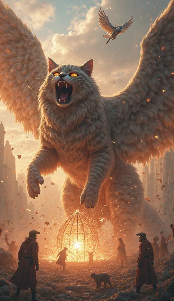 The massive winged cat roaring, sending a shockwave that knocks the special forces away. The magical cage shatters, and the small flying cat is freed.
