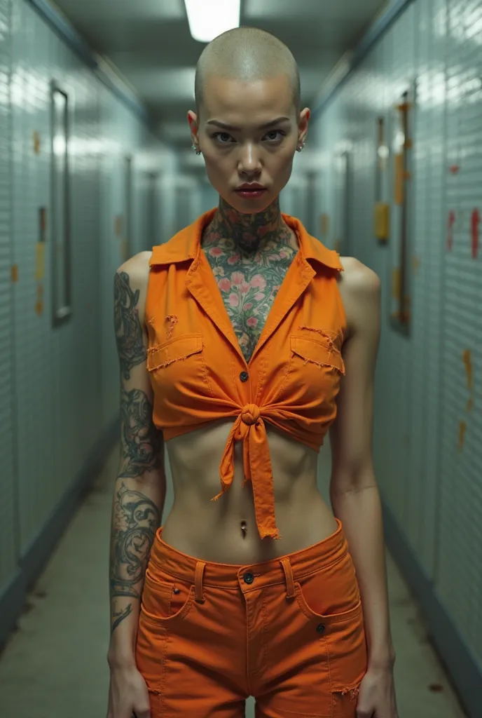 Full-body shot of a beautiful Chinese woman that is bald, Has chinese origin, In a prison with white lighting setting, perfect body, (No head on hair), (Head is bald), (bald smooth head), Wearing a sleaveless skintight ripped  distressed cut-up orange pris...