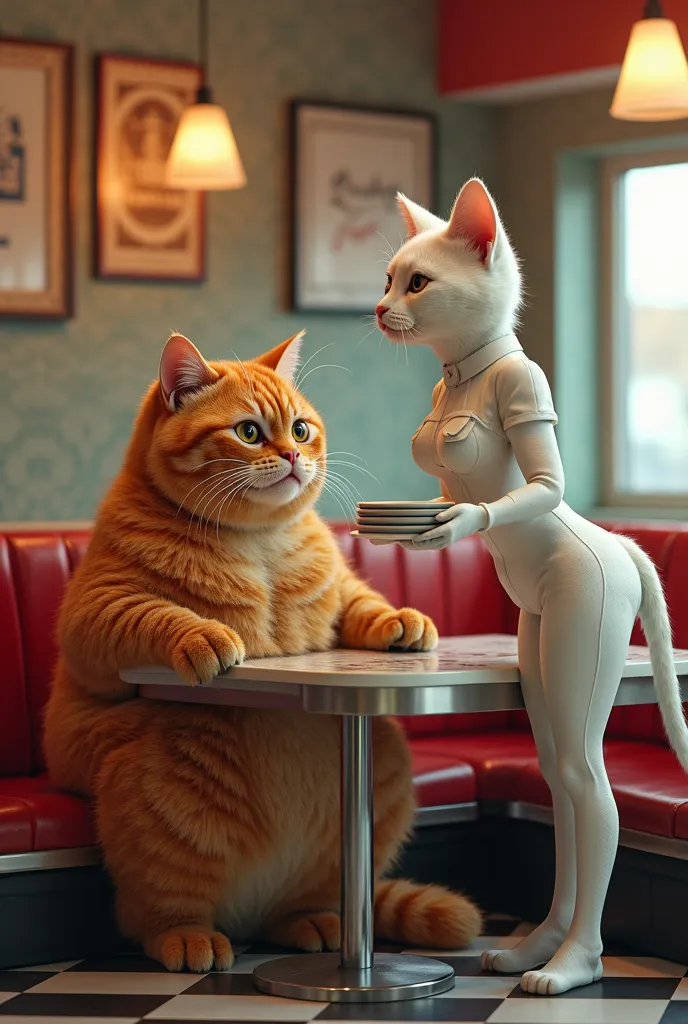 fat orange cat with human features, sitting at a diner table while a white cat waitress with a fit body serves him, fat orange cat is impressed