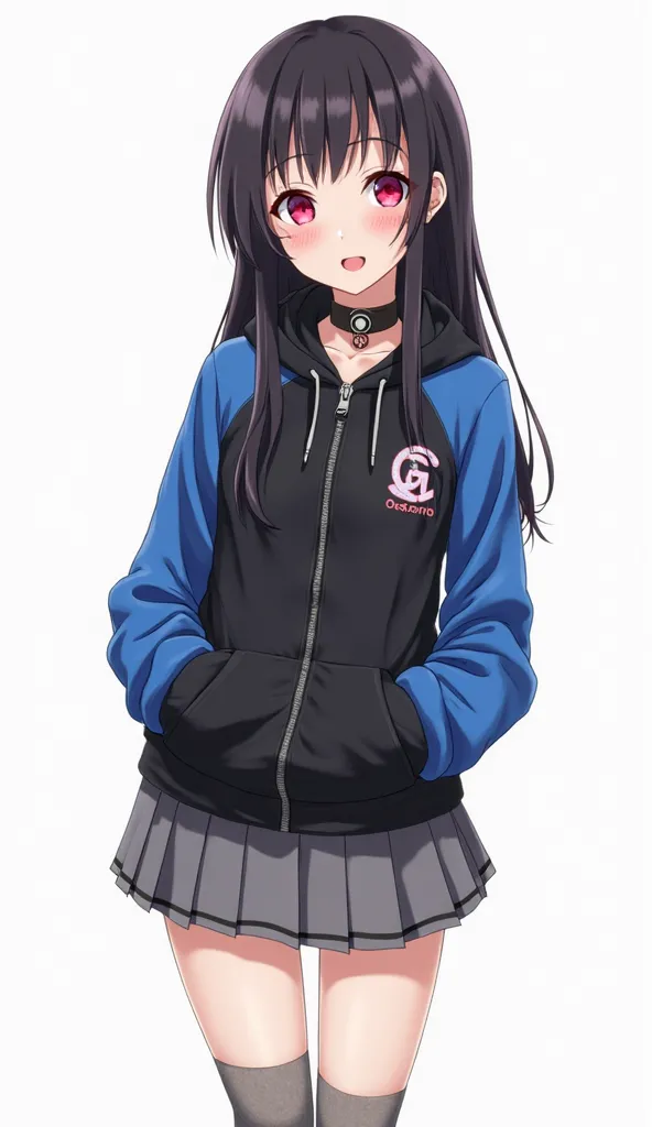 Japanese anime age woman with long straight black hair and intense magenta eyes and red nails and wears a bicolor sports silk shirt, combining black and blue. The garment has a front zip closure, hood with laces and two side pockets with zip closure. On th...