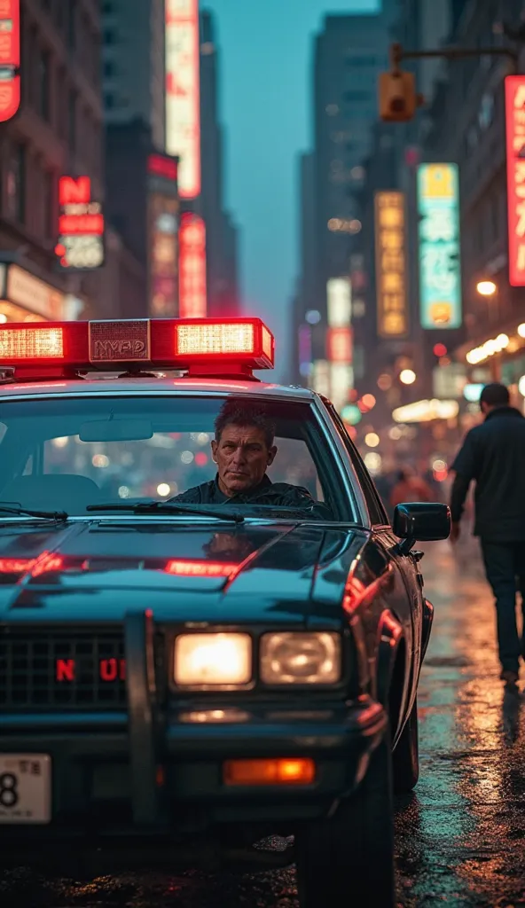 Realictic cinematic style  

a cop driving by in New York city police car from 1989 giving . a stern look at Jonathan on the corner