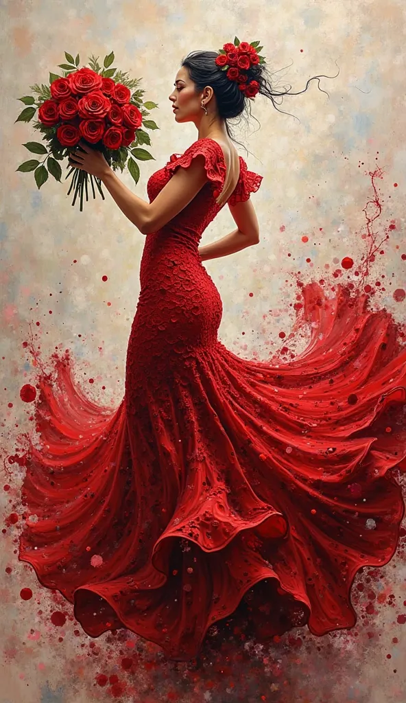 drawing painting abstract spanish flamenco dancer in long red dress black lace made of liquid splashes fullcolor  ,holding a bouquet of red roses ,lukisan minyak  painting  intricate  complex 