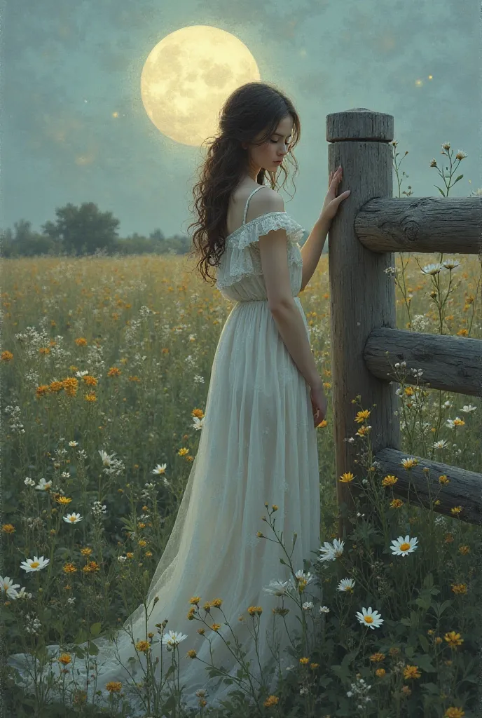 A delicate woman standing next to a wooden fence in a field, with wild flowers and the moon illuminating the scene.

 realistic drawing style  