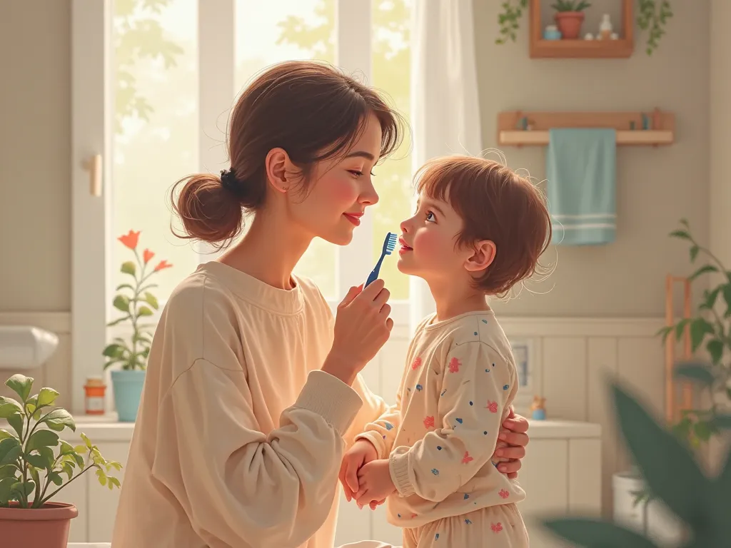 Create a mother brushing her 's teeth 