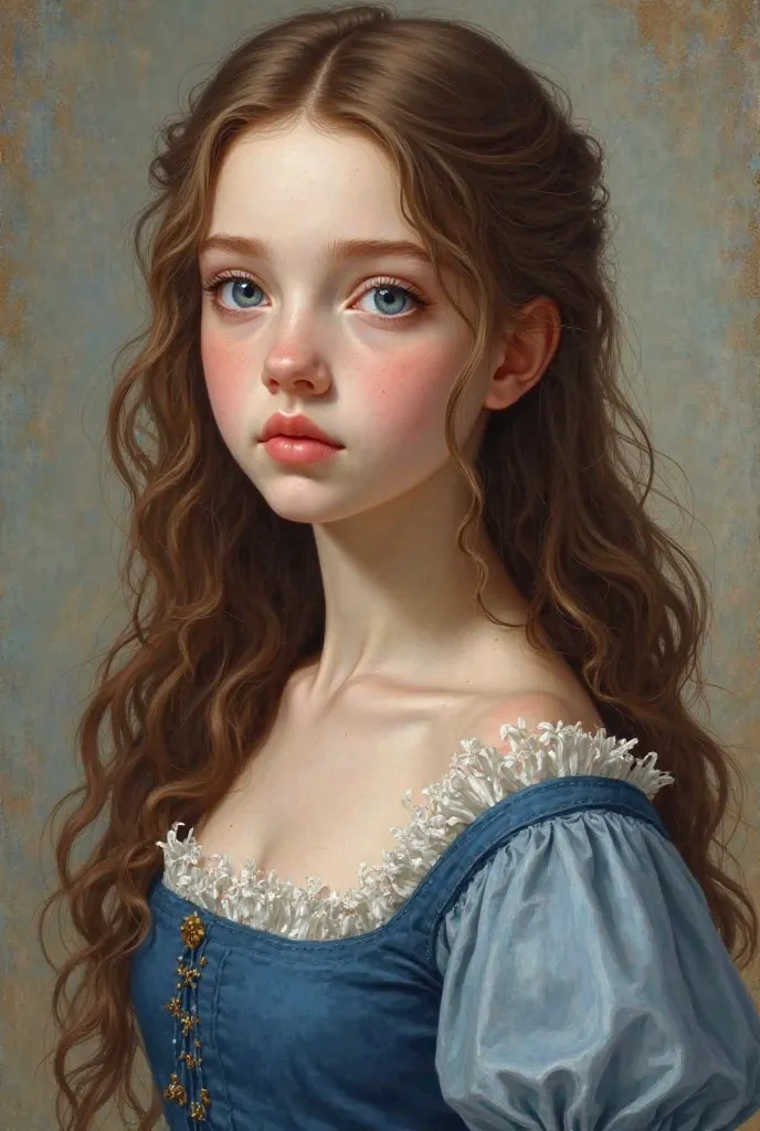 Mirael Delmar is a 16-year-old girl with porcelain skin, blue eyes and long brown wavy hair. Her height is 167 cm, body type thin and slim. Medium lips . cute eyes. straight nose . Girl burr. 18th century. Simple ordinary blue dress style of realism and ol...