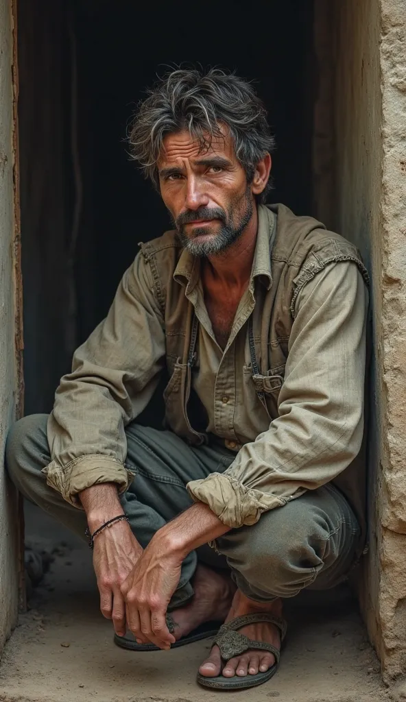 white male around 28 years old,  with dirty clothes , poor, in a very humble house