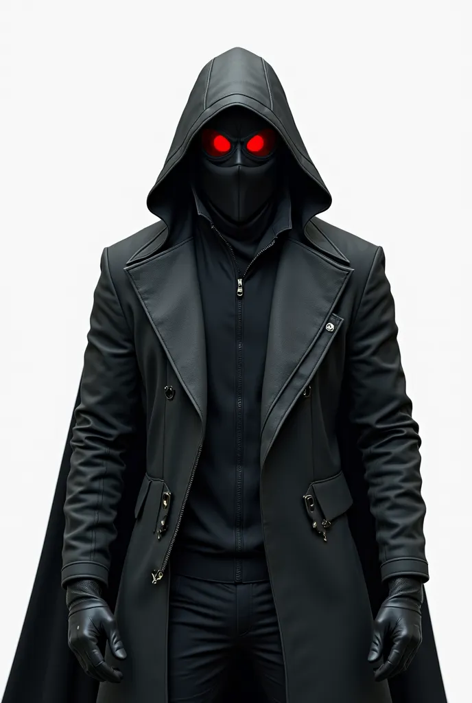 A man in a black ski mask with scarlet lenses in a black and gray fabric coat with a super hero black cloak, On a white background 