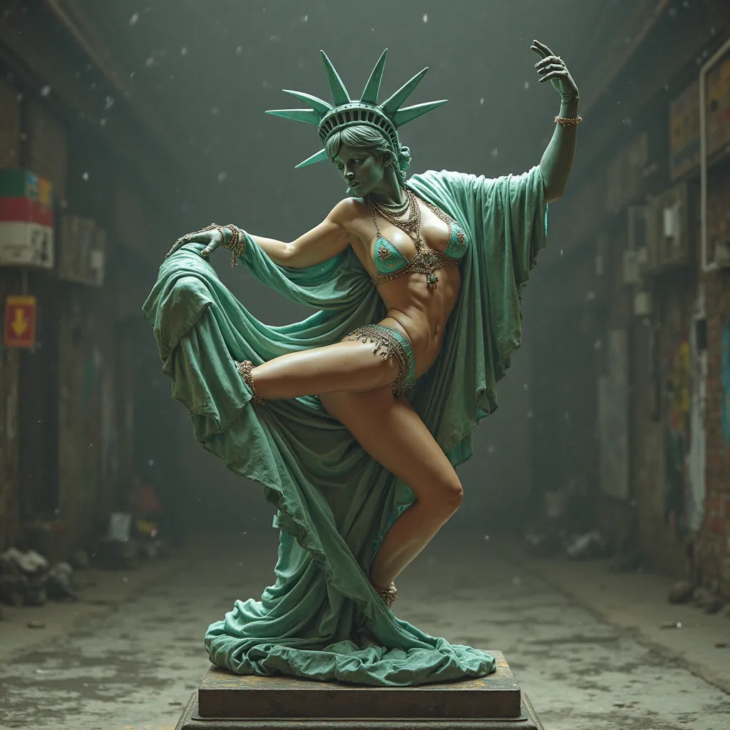 Hyperrealistic photography. Raw effects style della Statua della Libertà che balla la break dance vestita come una trapper molto sensuale con bra e tanga e jewellery , con attitude e very sensual 