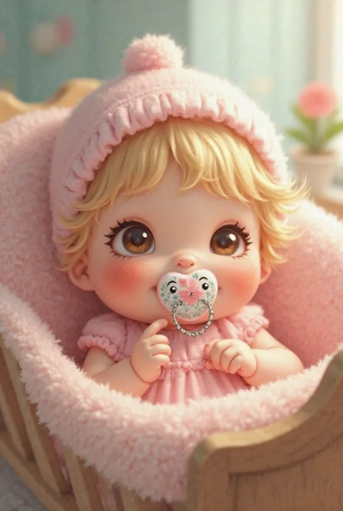 Blonde baby girl with cap Pink and pink dress smiling and with pacifier with drawings and cradle realistic