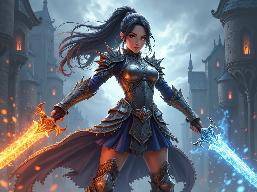 Full detail high resolution anime style image,woman beautiful dark souls warrior in medieval armor, defined body, holding a fire sword, and holding an ice sword in each hand.