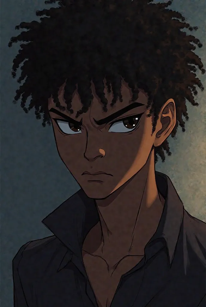 Curly hair,dark skin,sigma animation male character little bit anger side look  for profile 