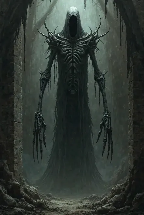 horror movie cover a very tall man with very long arms and gigantic fingers with completely black eyes with clothes  and with a name written the devil alien