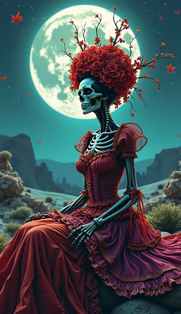 
Vibrant illustration of a beautiful Day of the Dead-style catrina, sitting like death on a terrifying desert night. A terrifying image.
Super-resolution, high-quality, volumetric lighting, and high relief: a work of art.