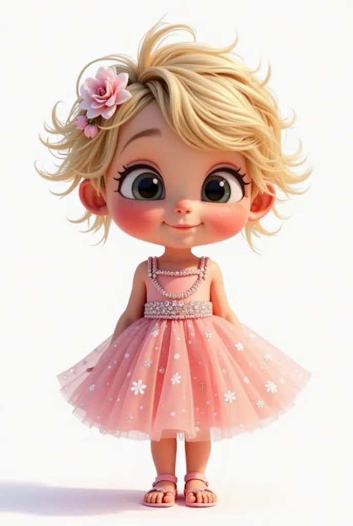 Disney Pixar-style baby mascot, wearing an antique pink dress with pearls and a shiny tulle skirt, she must have very short blond hair and wear flowers on her head, Use white background  