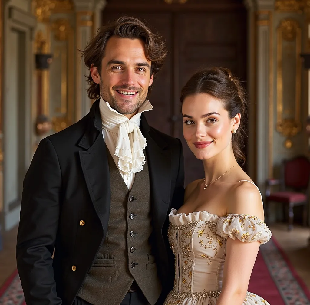 A man and a woman are standing side by side. The man is Sam Claflin and the woman is Keira Knightley. The background is an 18th century mansion. The man and woman are in 18th century clothing. They are both very stylish and smiling.