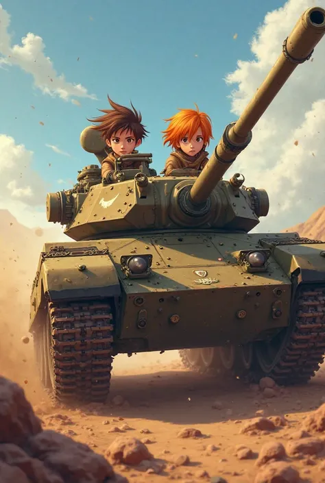 Me with brown and my friend with orange hair driving a tank