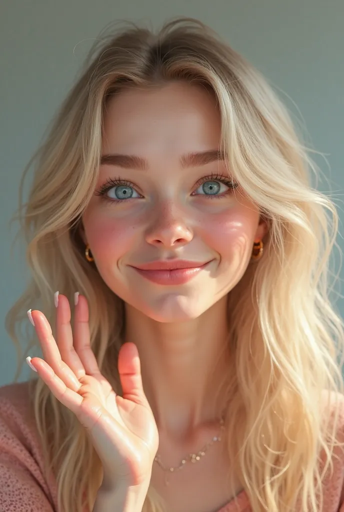 peut tu me crée une vidéo de cette fille blonde au yeux bleu qui fais un coucou et un petit bisous