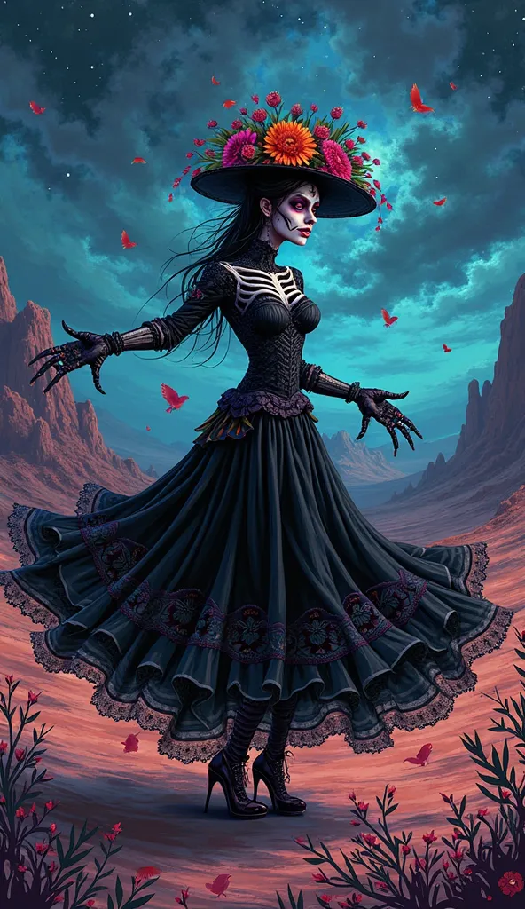 Vibrant illustration of a beautiful Day of the Dead-style catrina, dressed in black, dancing like death on a terrifying desert night. A terrifying image.
Super-resolution, high-quality, volumetric lighting, and high relief: a work of art.