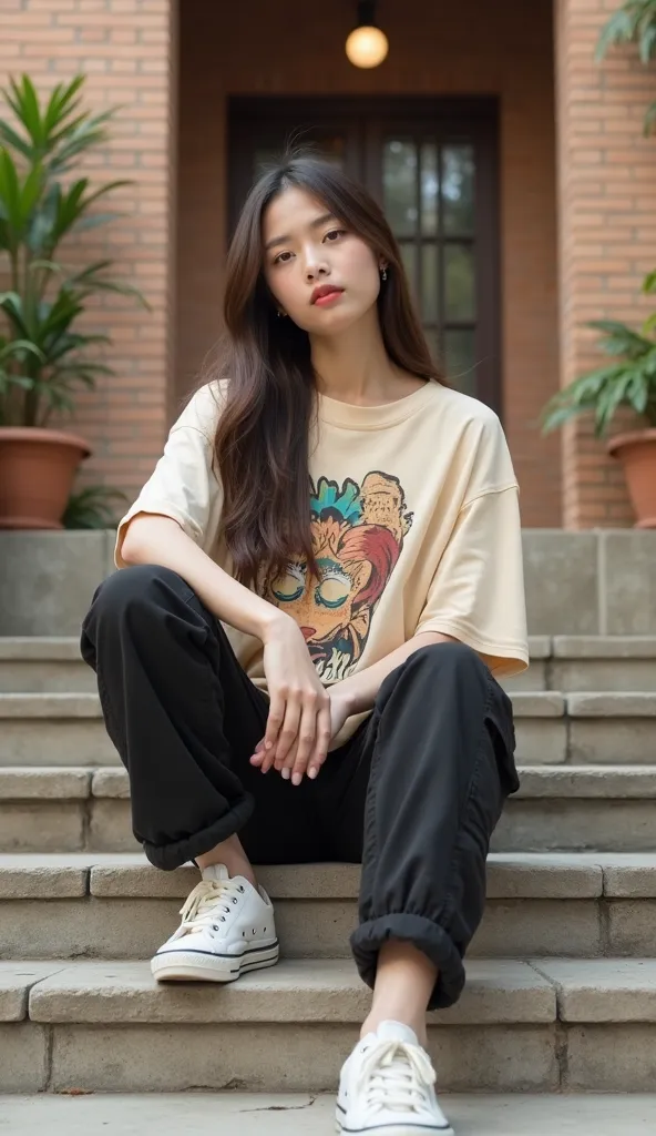 A young woman, likely Southeast Asian, in her late s or early twenties, is seated on outdoor stone steps.  She is positioned slightly off-center to the left side of the image.  She is facing the viewer, and her expression is neutral and relaxed.  She has l...