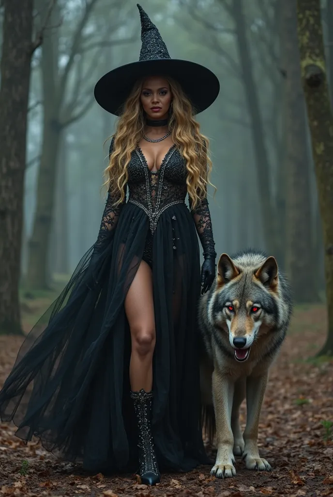 Create an image of the singer Beyonce dressed as a witch, lace dress with rhinestones,with gothic makeup, with a pointed hat,  walking in a dark forest , next to her like a pet, a creepy big wolf with red eyes