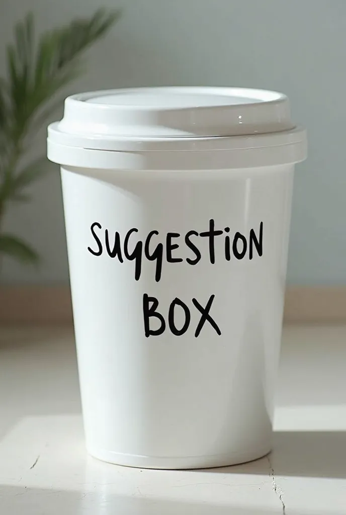 Picture of a white trash can that says suggestion box