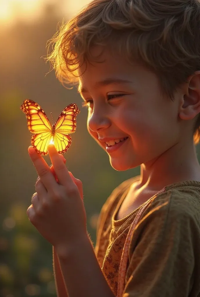 A close-up of a smiling boy with a glowing butterfly perched on his finger, golden light illuminating his face, blurred background of a revitalized village, ultra-detailed textures, soft bokeh effect, heartwarming and magical."  
**Focus:** Emotional conne...