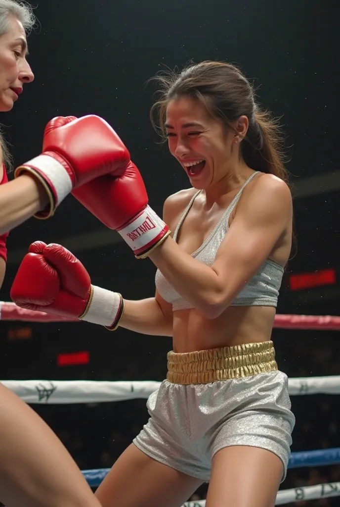 A beautiful brunette woman, eyes closed, grimacing,  wearing white metallic short shorts, gold belt, white socks, red boxing gloves, sweaty, knees bent,head turned to the side, looks exhausted and beaten, being knocked down in a boxing ring by a smaller gr...