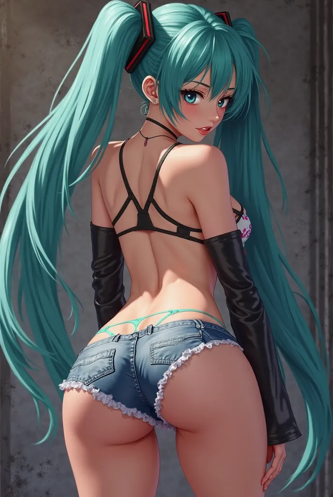 Hatsune Miku bending over with jean shorts down around her ankles showing her striped thong with her ass showing as she looks back