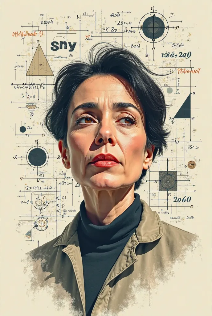 Design me a very nice poster of a middle-aged Iranian math woman with very little hair and uses math stuff 