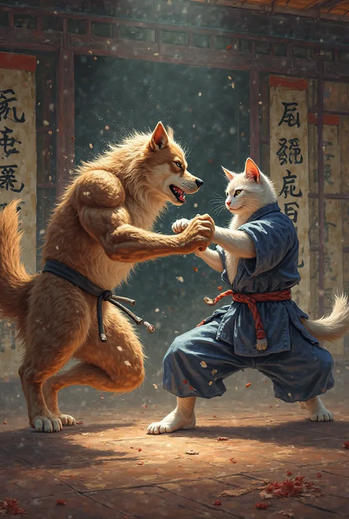 Dog fighting karate with cat