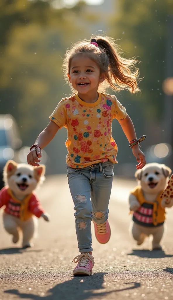 "A beautiful young girl, around six years old, runs excitedly on the road. She is wearing a stylish, colorful pant-shirt with matching shoes that sparkle slightly under the streetlights. Her long hair is tied in a high ponytail, swinging behind her as she ...