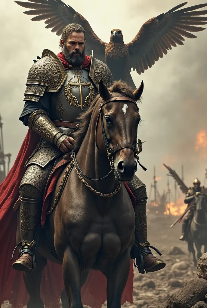 Create a realistic image of a warrior on top of a horse and with a hawk on his shoulder, Do it in a setting of medieval war wreckage.