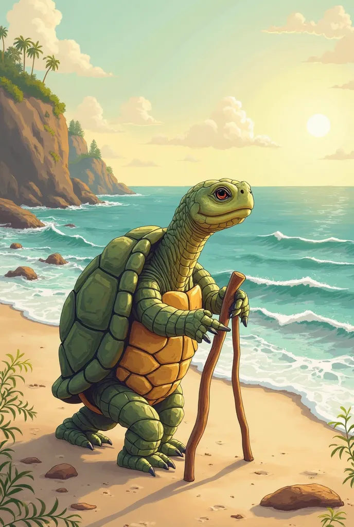 Generate for me the image of a sunny horizon with a turtle that has a cane in handwritten version