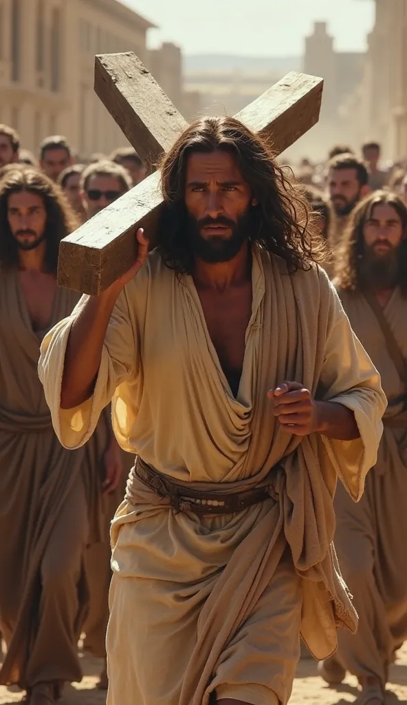 
"Jesus walking with a heavy cross on his shoulders, your expression showing pain and determination. The background shows a crowd watching, some with compassionate looks, others with contempt. The scene conveys the sacrifice and unconditional love of Chris...