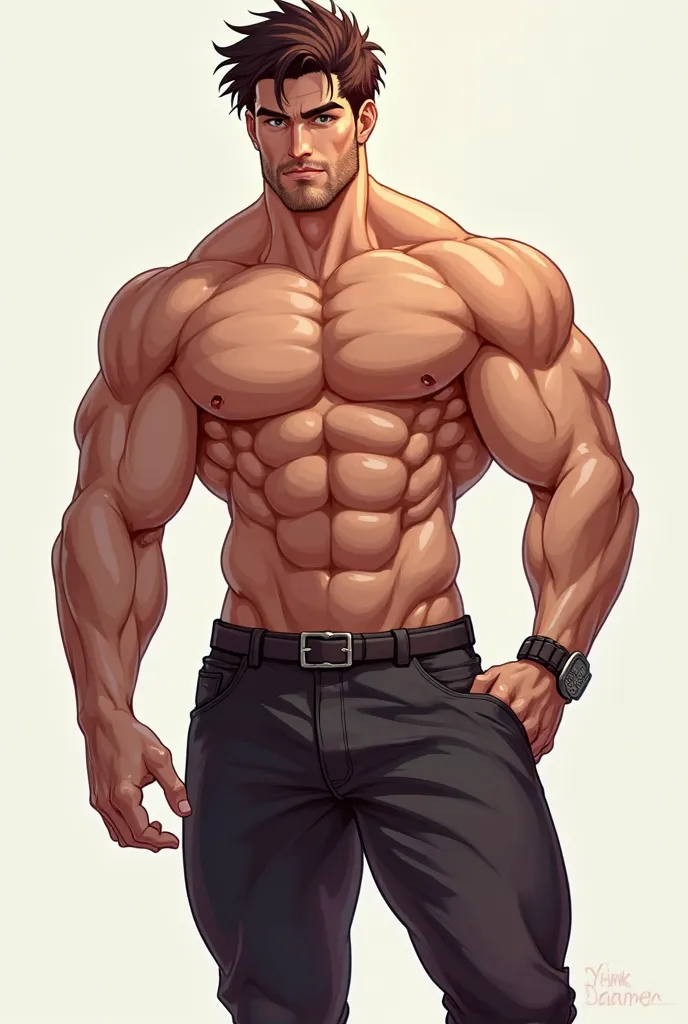 Handsome anime man , naked muscular brown-haired man without pants and underwear