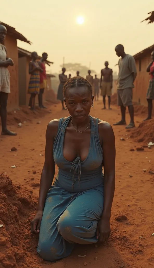 A dusty Sierra Leone village in 2014, mud huts rising under a scorching sun. At the bottom, a woman, 30s, in a worn blue dress with a deep neckline revealing her curvaceous figure and large chest, kneels beside a makeshift grave, her face gaunt with grief,...