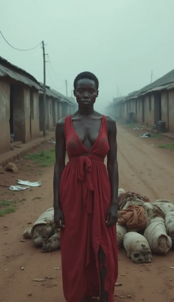 A desolate West African street in late 2015, abandoned huts rising under a cloudy sky. At the bottom, a woman, 40s, in a ragged red dress with a plunging neckline highlighting her large chest, stands alone, staring at a pile of shrouded bodies, her face ho...