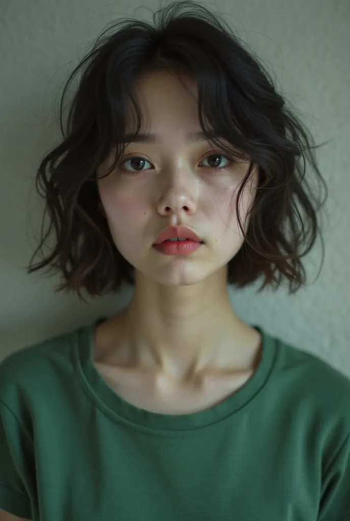 photo of a woman in a green t-shirt, she is sad