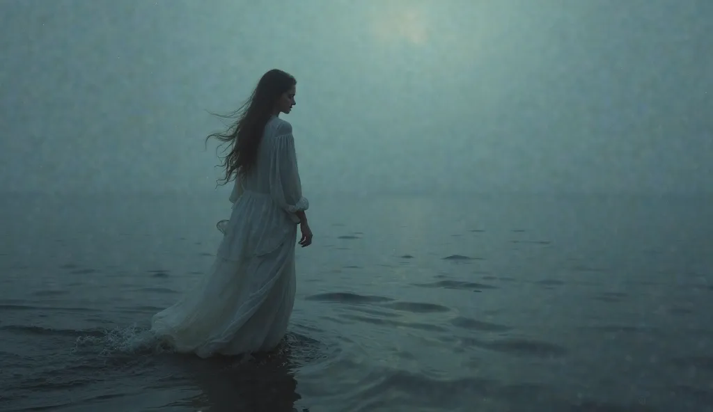 a woman dressed in a white blouse entering the sea, The silhouette of the woman is blurred in the fog,  it's nighttime, image