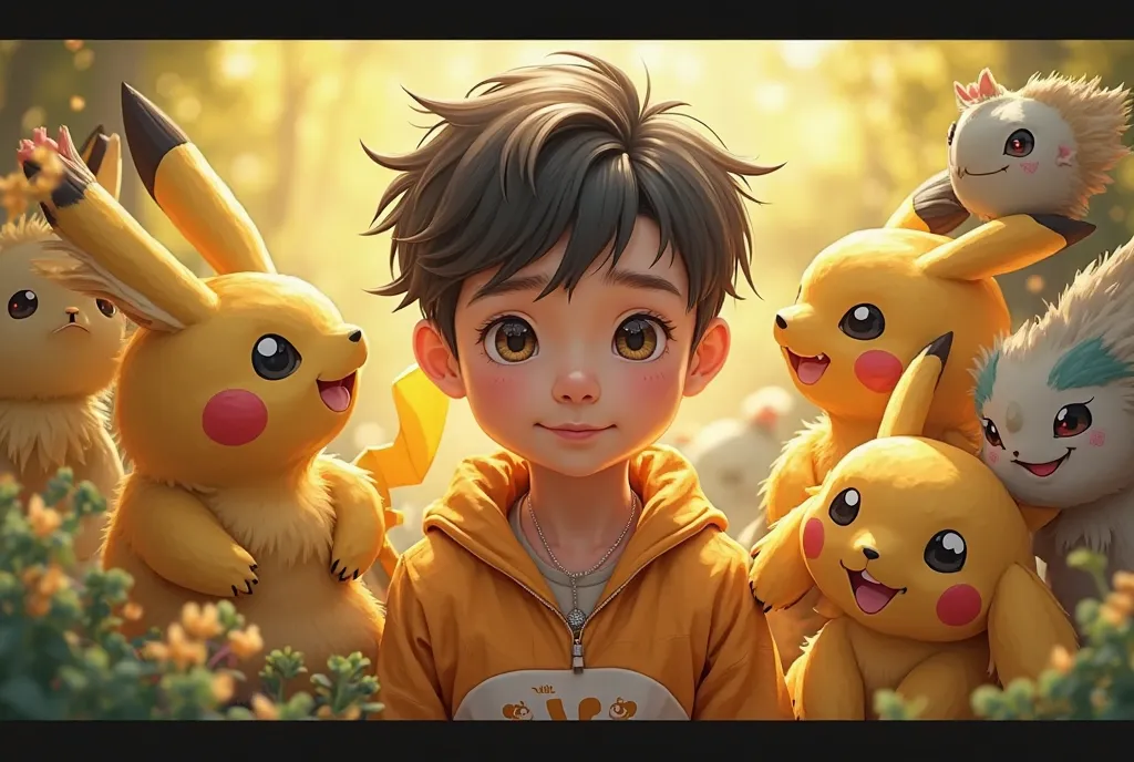 A Pokémon logo theme, In the middle is the name "Tajo". A young Vietnamese boy surrounded by Pokémon. highly detailed, photorealistic, digitale Illustration, 8k, HDR, exquisite lighting, realistic textures, detailed characters, natural environment, dynamic...