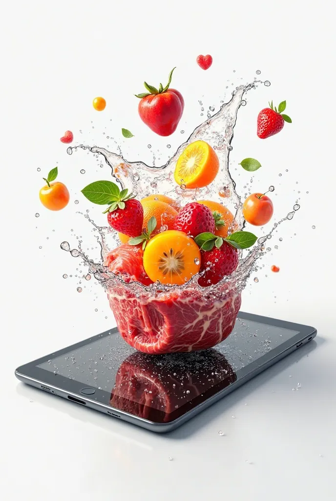 a meat vitamin with fruit and water popping out of an iPad on a white background