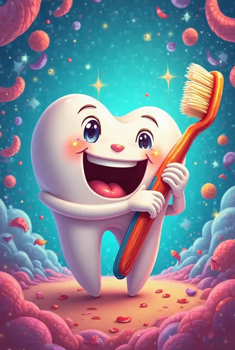 A joyful cartoon tooth character with a big smile, holding a toothbrush, colorful background with sparkles, representing dental health and happiness.