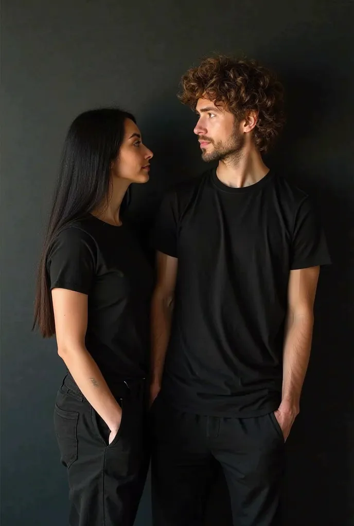 A wide-angle visual of a woman and a man leaning against a black wall. Man and woman look at each other. Woman's eyes hazel, Her hair is straight , Long and black. Put on a tight black T-shirt and loose black pants over it. Man should wear loose pants unde...