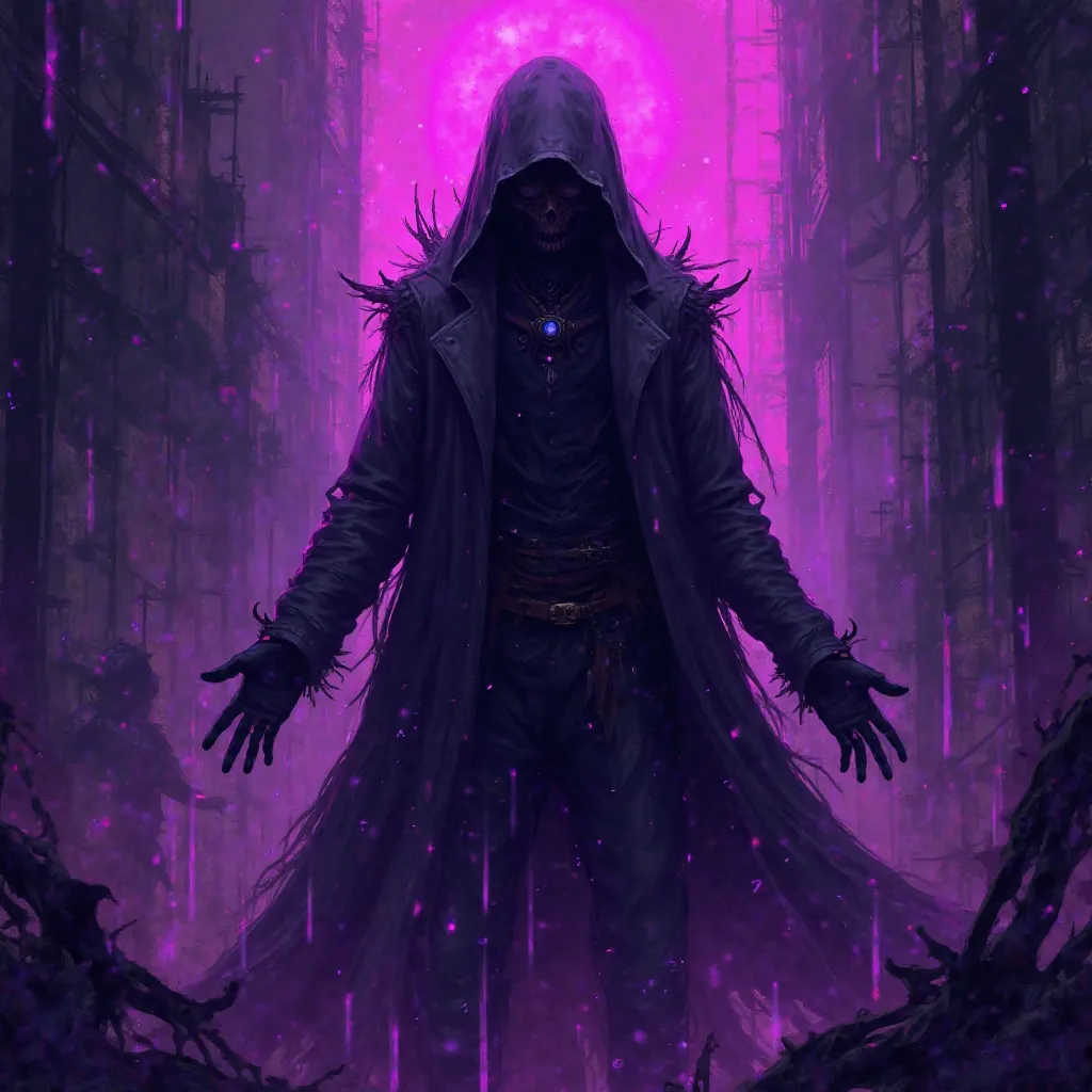 A digital art in the cyberpunk anime and dark fantasy, perfect for a Phonk. The central character is a dark figure and enigmatic, surrounded by shadows and digital glitch effects, transmitting an intense aura with purple colors and a neon aura 