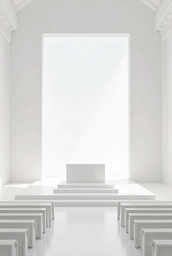 Make me an image of the interior of a Christian church, the place is rectangular painted white, the rectangular pulpit, The background wall a screen the ware-type space 