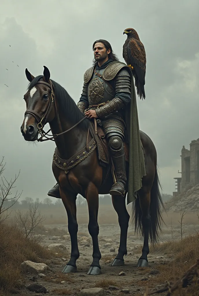 Create a realistic image of a warrior on top of a horse and with a hawk on his shoulder, Do it in a sad setting after a medieval war.