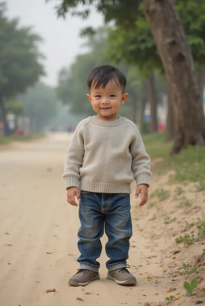 there is a baby standing in the sand near a tree, a picture by Yi Insang, tumblr, happening, , very very low quality picture, 4yr old, taken with the best dlsr camera, young boy, in a street, little , street pic, in the street, potrait, handsome, , help me