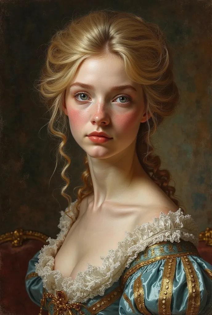 Девушка .  beautiful appearance, golden long hair combined in a hairstyle and blue eyes blond plump face with a blush, 18th century, rich count dress, , 1700 years, unusual appearance, , rich dress 