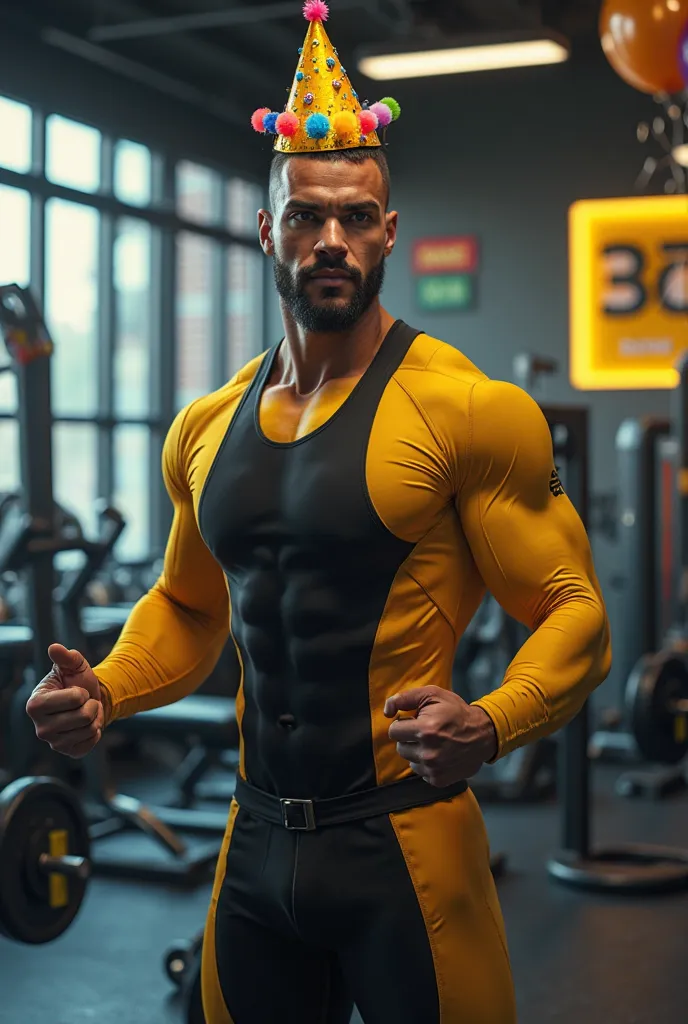 birthday man at the gym wearing black and yellow clothes 